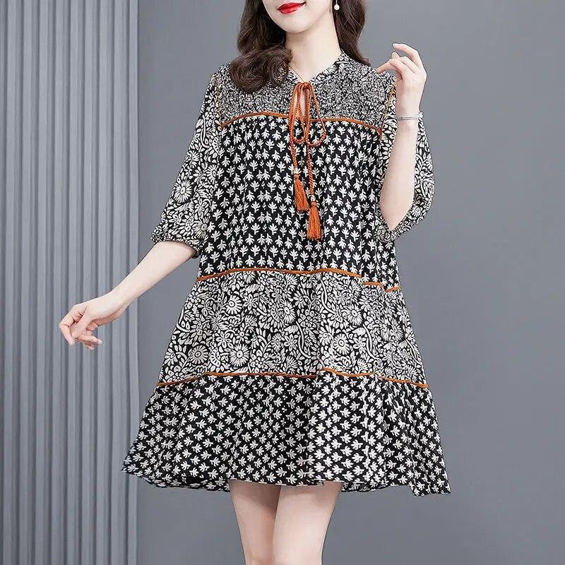 Rochie imprimată rochie de vară pentru femei rochie nouă mică, largi și subțire, cu mânecă scurtă, care acoperă burta, rochie cu mânecă scurtă pentru femei