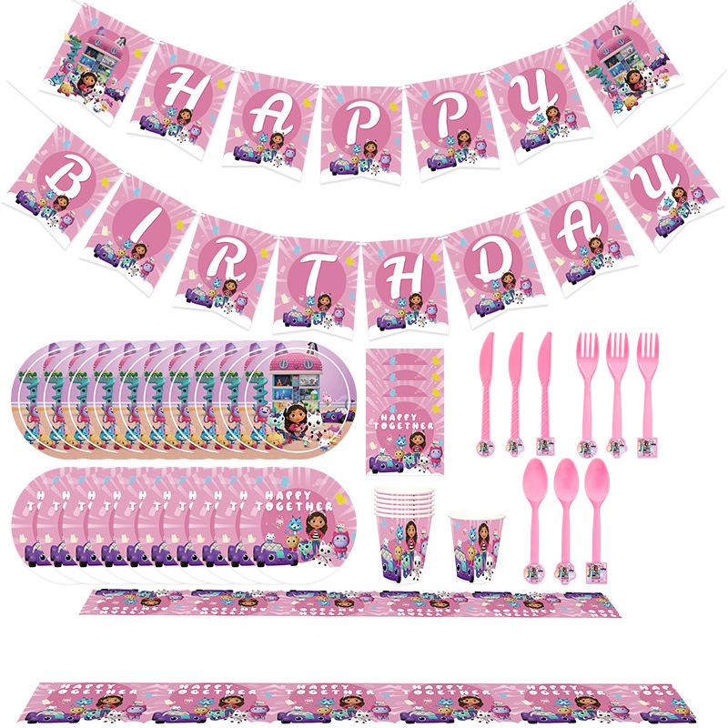 Factory Direct Pink Gaby Doll House Birthday Theme Party Decoration Set Paper Plate Paper Cup Paper Towel Pe Tablecloth