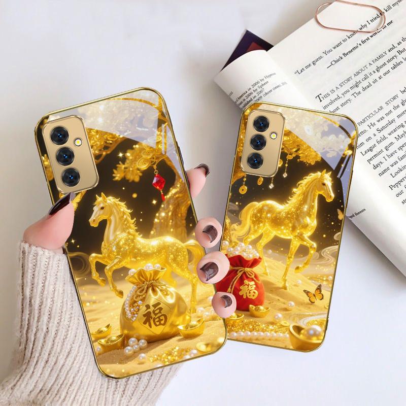 The Golden Lucky Horse For Samsung Galaxy S 21 S22 S23 Plus S24 Ultra S20 FE 25Ultra S21+ S9+ 22Plus Golden glass phone case