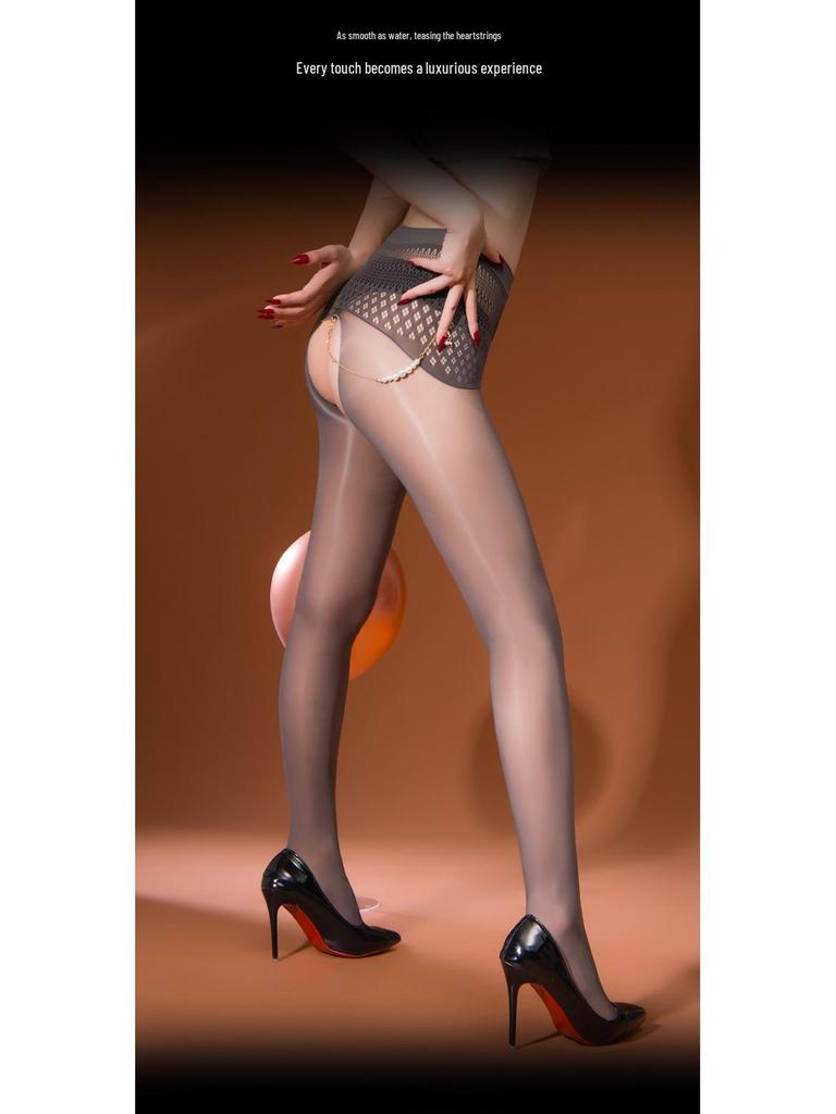 High-Waist Black Mesh Crotchless Stockings with Pearl Pendant