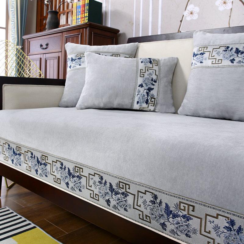 Chinese Style Sofa Seat Cushion Embroidery Sofa Cover Chaise Longue Cover Chenille Sofa Towel for Living Room