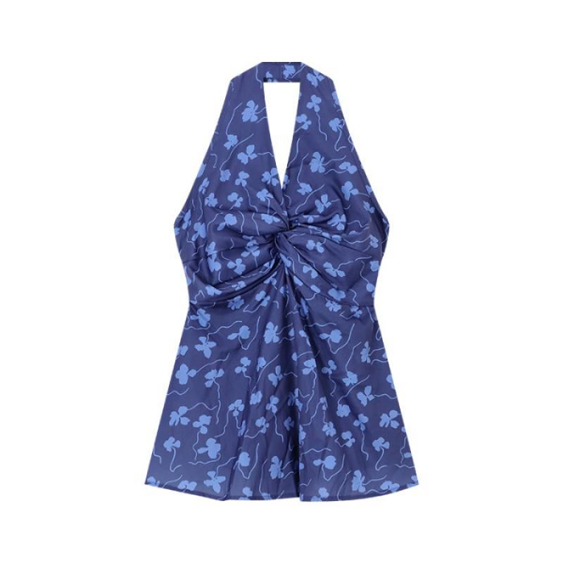 French Hanging Neck Floral V-neck Vest Shirt Women's Skirt Swinging Kink Waist Tight Chic Sweet Spicy Top