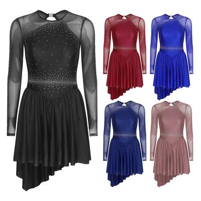 Damen Glitzernde Strass Tanzkleid Kontrastfarbe Transparentes Mesh Langarm Asymmetrischer Saum Kleider