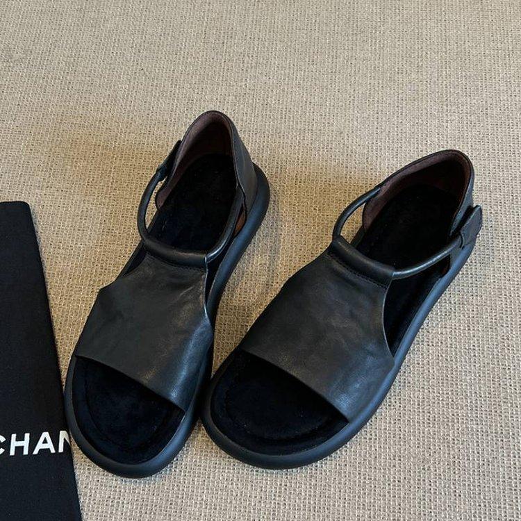 

Soft leather version! Retro casual versatile open-toed Roman sandals women s round head comfortable flat-bottomed beach vacation mullers 35