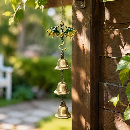 Traditional Gift Retro Dragon Hanging Bells, Metal Flying Wind Chime, Rustic Entrance Door Fantasy Outdoor Garden Ornament for Patio Porch Yard