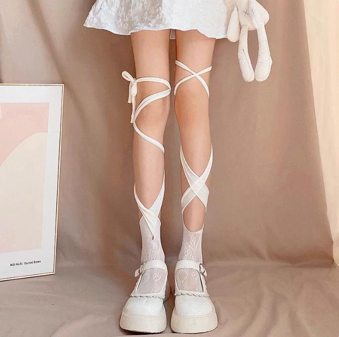 Women Sexy Arbitrarily Bandage Heart Floral Lace Fishnet Stockings Irregular Calf Socks Jk Tie Middle Tube Long Socks 1/2 Pcs