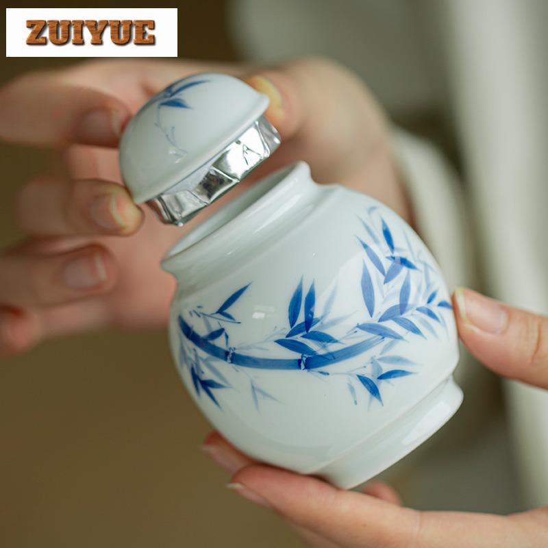 Hand-painted Bamboo Blue And White Tea Box Organizer Moisture-proof Elegant Storage Tank Containers Tea Caddy Tea Collection
