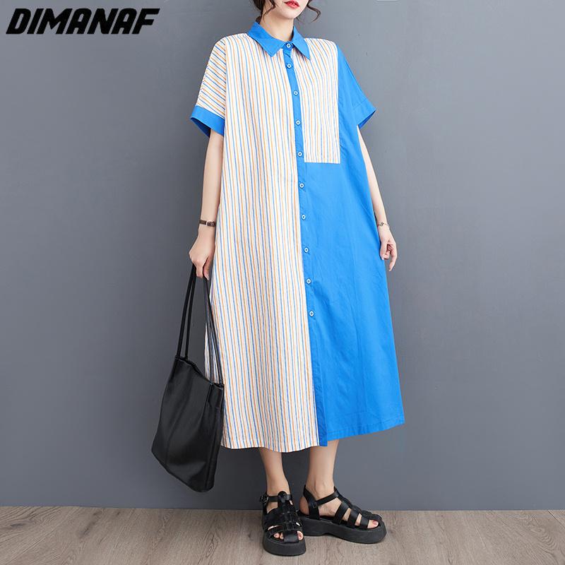 

DIMANAF 2023, летнее платье-рубашка больших размеров, женское лоскутное свободное платье в полоску с принтом, пляжные повседневные женские платья