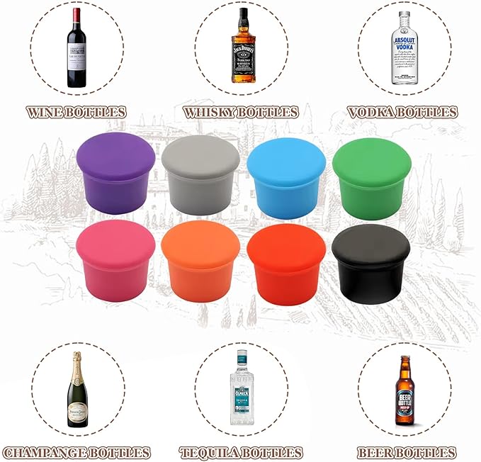 6PCS Reusable Silicone Wine Corks, Glass Corks Beverages Beer Champagne Bottle Stoppers To Keep Fresh