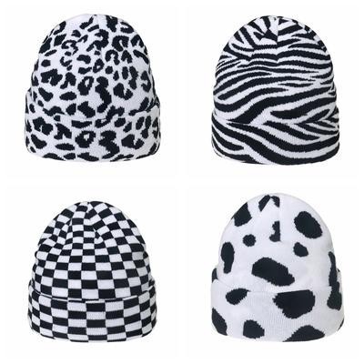 Trendy Autumn Winter Hats Black White Check Zebra Leopard Beanie Hats Warm Cap Hats Hip Hop Knitted Caps Bonnets For Women Men