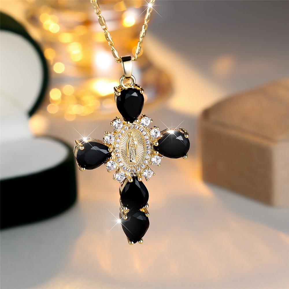 Damen Kristall Blau Schwarz Weiß Zirkon Stein Anhänger Halskette Vintage Großes Kreuz Goldfarbe Hochzeit Für Frauen