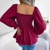 Frauen Frühling Sommer Square Neck Einfarbig Langarm Chiffon Hemd Holz Ohren Tops