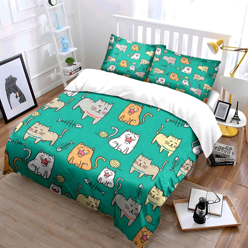 Cute Cartoon Cats Pattern Set Bedding Duvet Cover Set  (1*Duvet Cover 2*Pillowcases, without duvet insert)