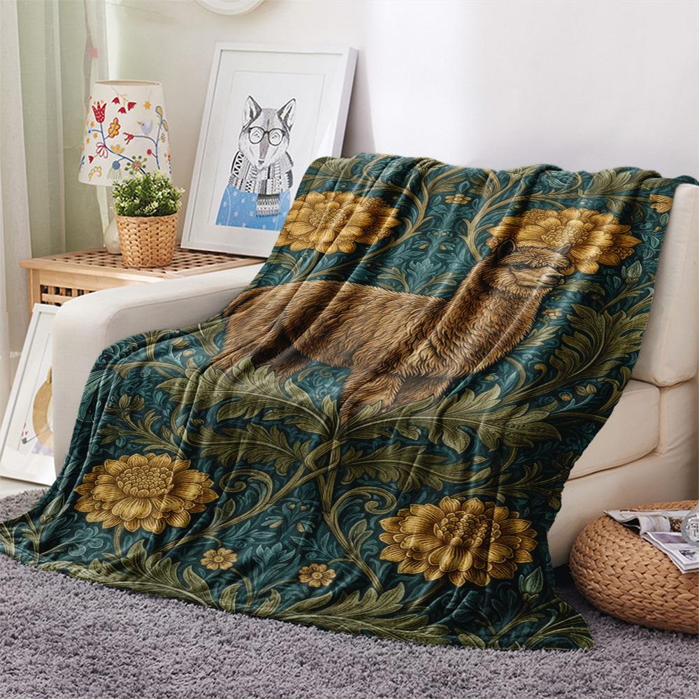 1PC Floral Animals Print FlAannel Blanket, High quality Comfortable for All Seasons, Home Decor, Warmth and Comfort