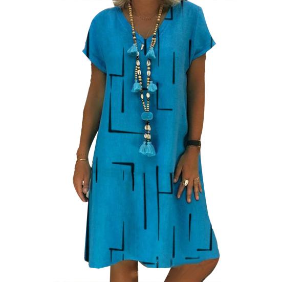 Robe Vintage pour Femme, Couleur Unie, Col en V, Manches Courtes, Imprimée, Coupe Ample, Longueur Genou