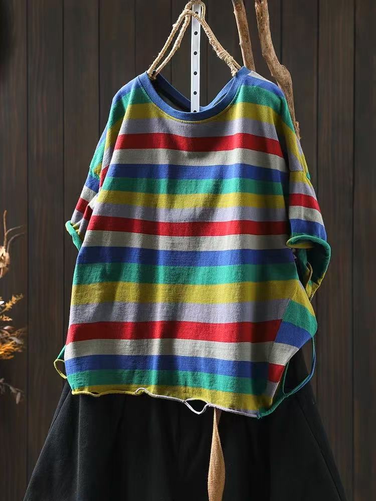 

Johnature Women Vintage Striped T-Shirts O-Neck Short Sleeve Summer Casual Loose Hole Female T-Shirts One Size