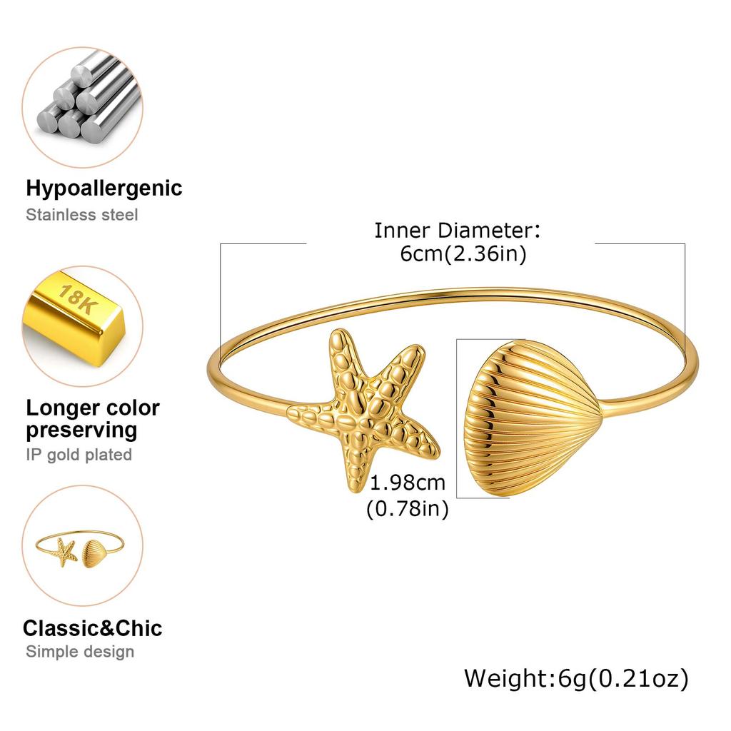 Minimalist Starfish Shell Cuff Bracelet for Women Gold Color Stainless Steel Bangle Ocean Style Bracelets Fashion Wrist Jewelry