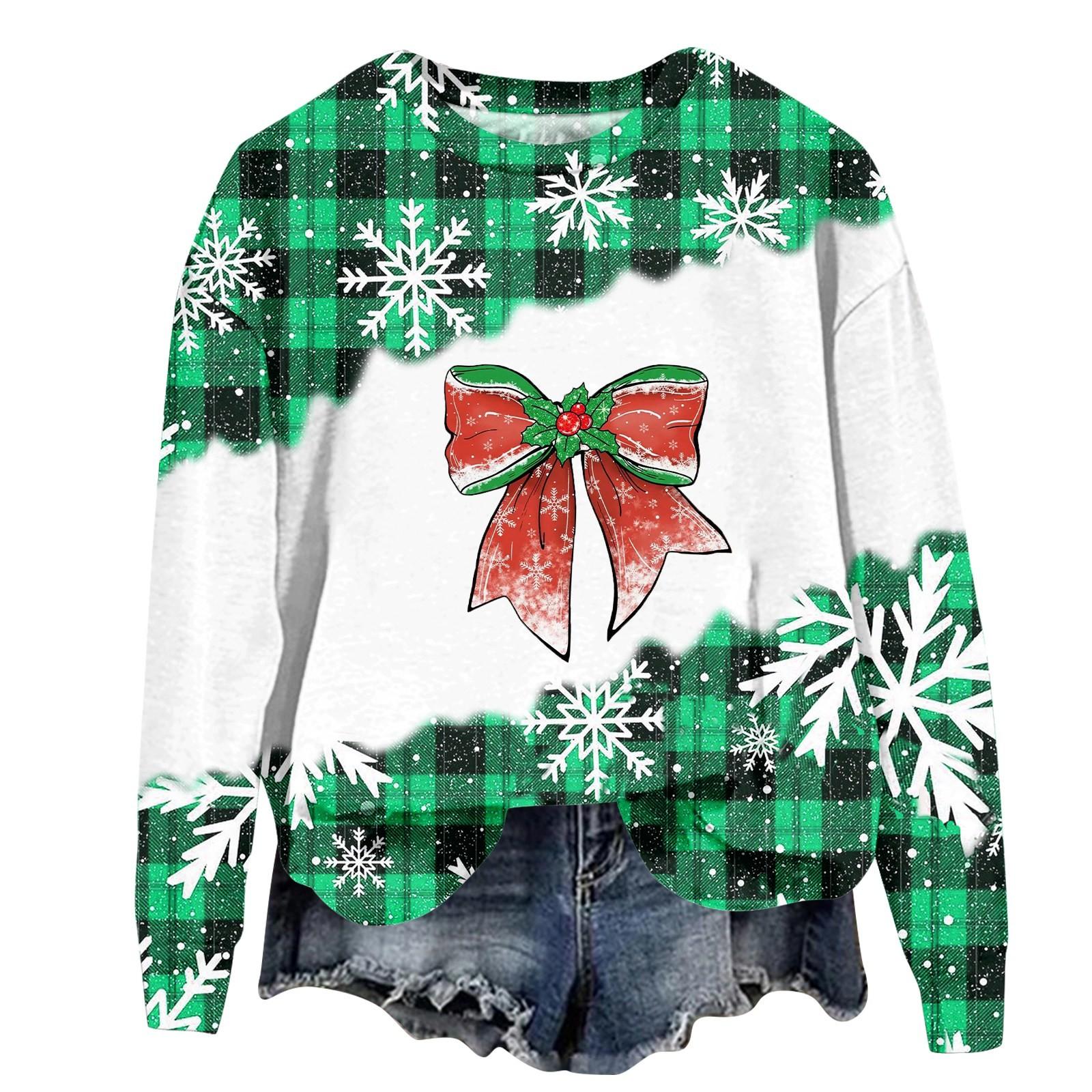 Женская мода рождественский принт длинный рукав свободный круглый вырез толстовка — фото 3