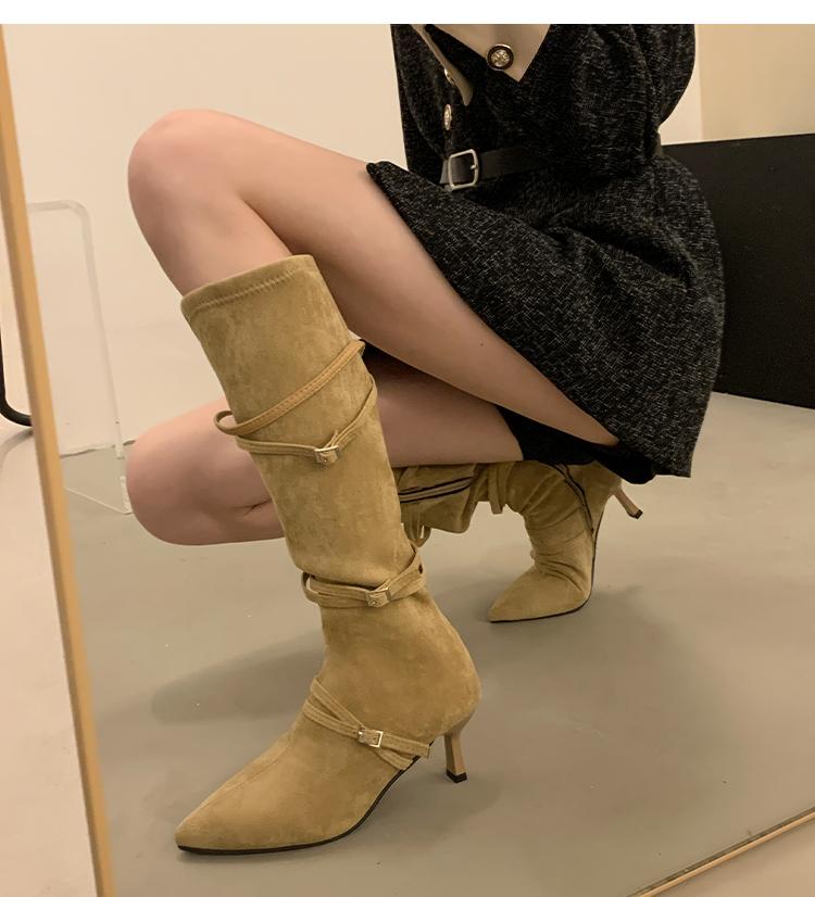 

Fashion Boots for Women High Heels Pointed Toe Slip-On Knee High Flock Western Girls Footwear Europe America Long Autumn Winter Boots 45.5 абрикосовый