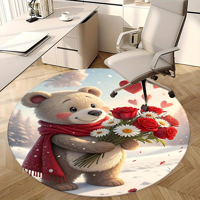 1pc Anime Design Round Carpet - Cute Bear with Flowers, Office Chair Mat, Non-Slip Rug for Home Decor, Seasonal Gift, Suitable for Office and Living R