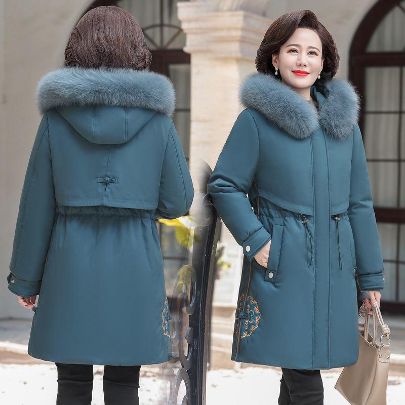 Winter Thickened Cotton Coat with Fleece for Mother with Embroidery Decoration