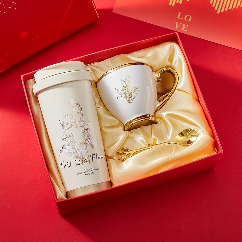 316 Stain Steel Thermos Cups 500ml Coffee Mug with Spoon Set of 3, Floral Ceramic Mug Gift Box for Birthday Wedding Christmas Valentine's Day