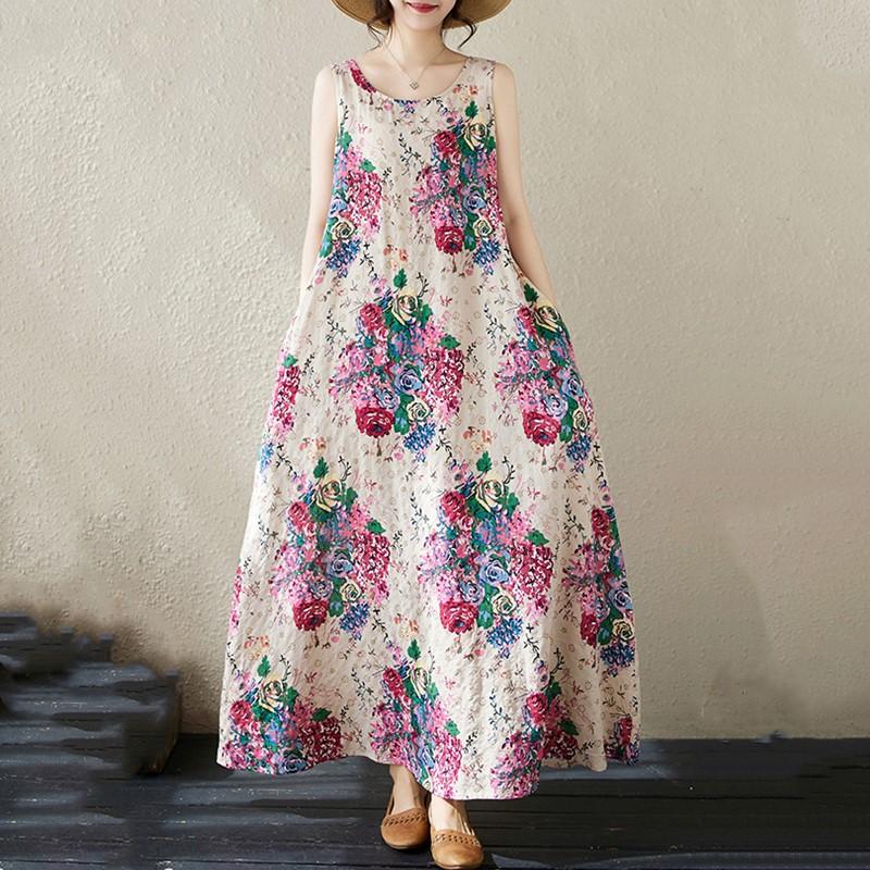 

Новое хлопковое винтажное платье с цветочным принтом без рукавов больших размеров для женщин, повседневное свободное длинное летнее платье XXL красный