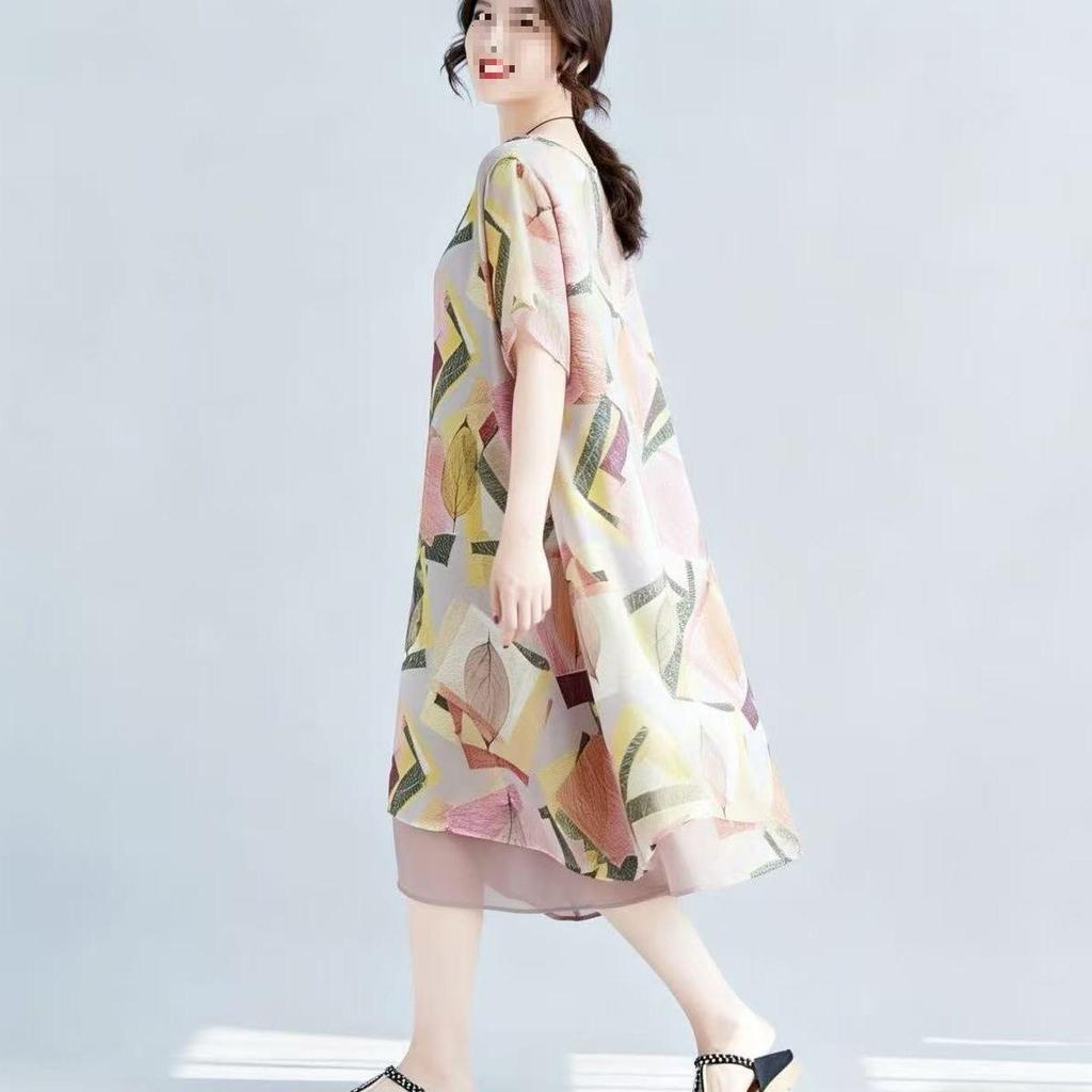 Plus Size Chiffon Color Block Round Neck Dress for Women
