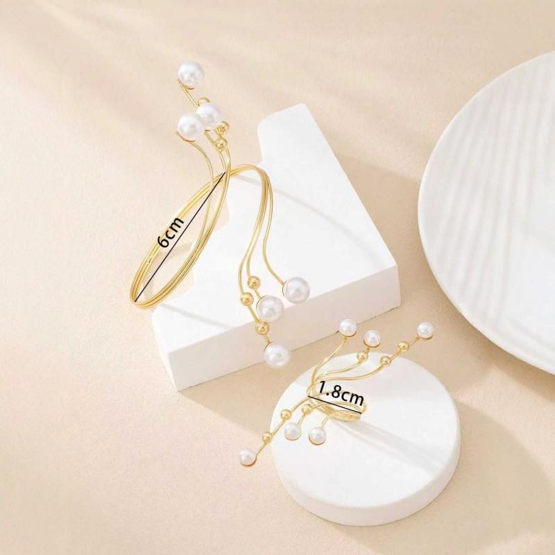 Geometric Pearl Bracelet Set With Open-Finger Ring Alloy Jewelry Women Casual Chic Accessory