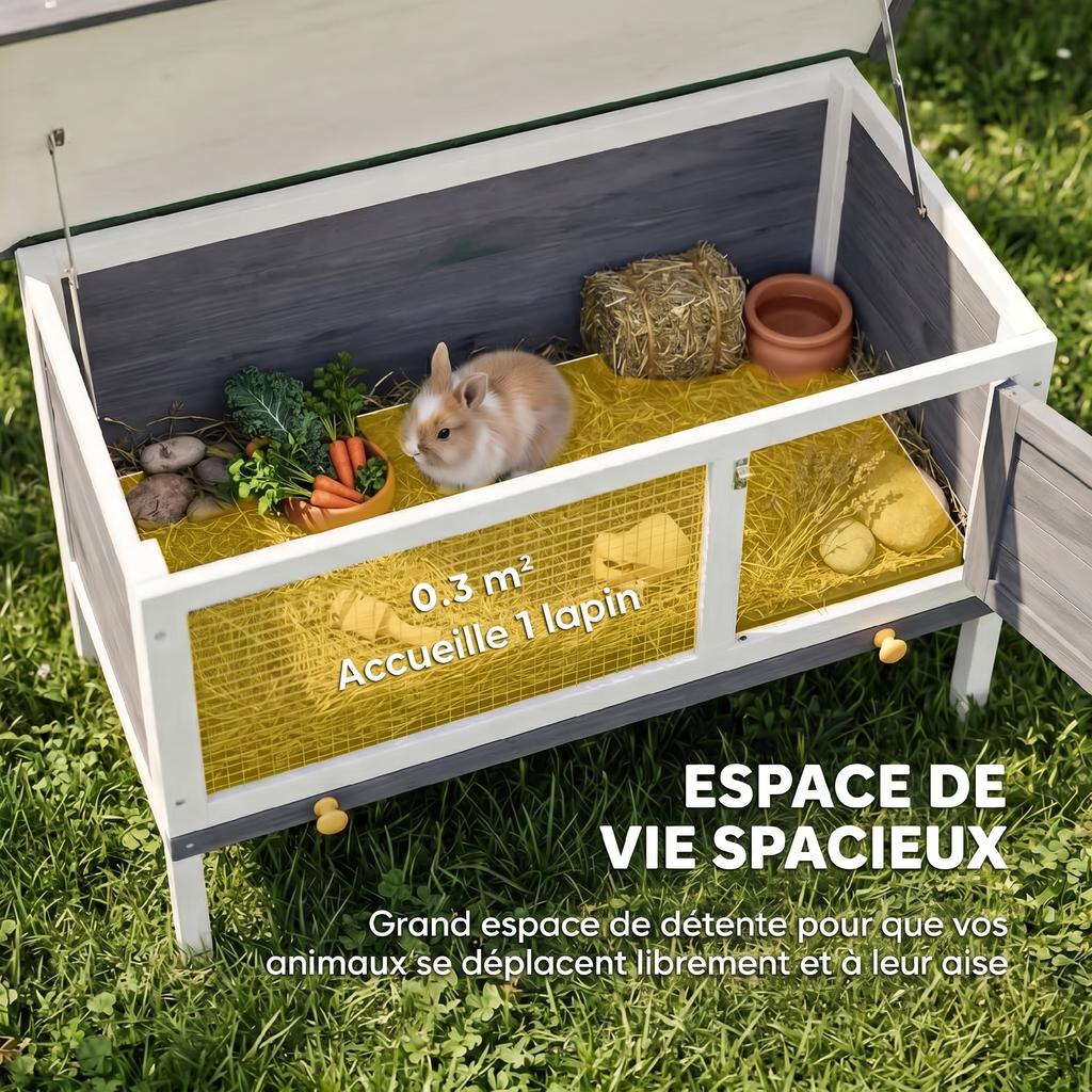 Outdoor Rabbit Hutch in Pine Wood with Removable Tray, Opening Roof and Lockable Door, Grey