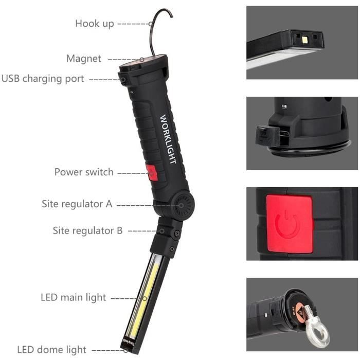 Lampe de travail - COB rechargeable - Base magnétique - 5 modes (blanc/rouge/SOS) - Rotation 360°
