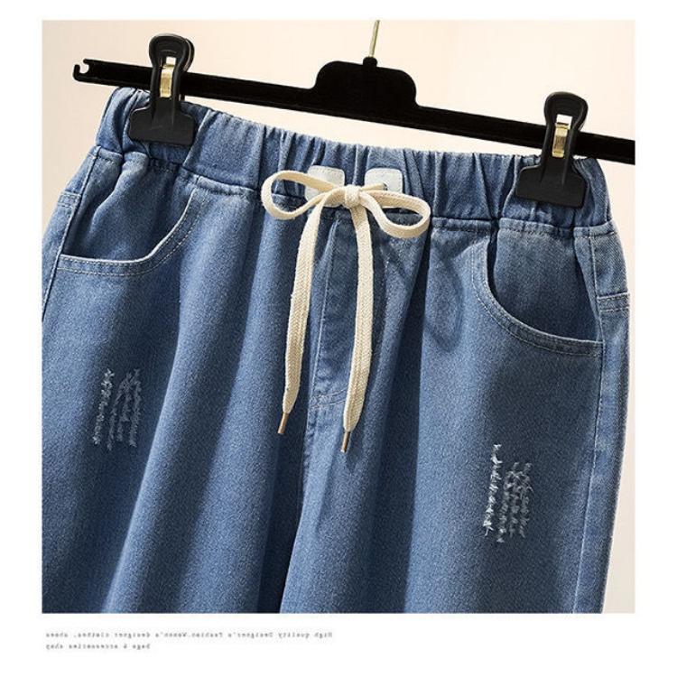 Spring and Autumn Loose Elastic Waist Jeans Women's Embroidered High Waist College Style Harun Straight Pants