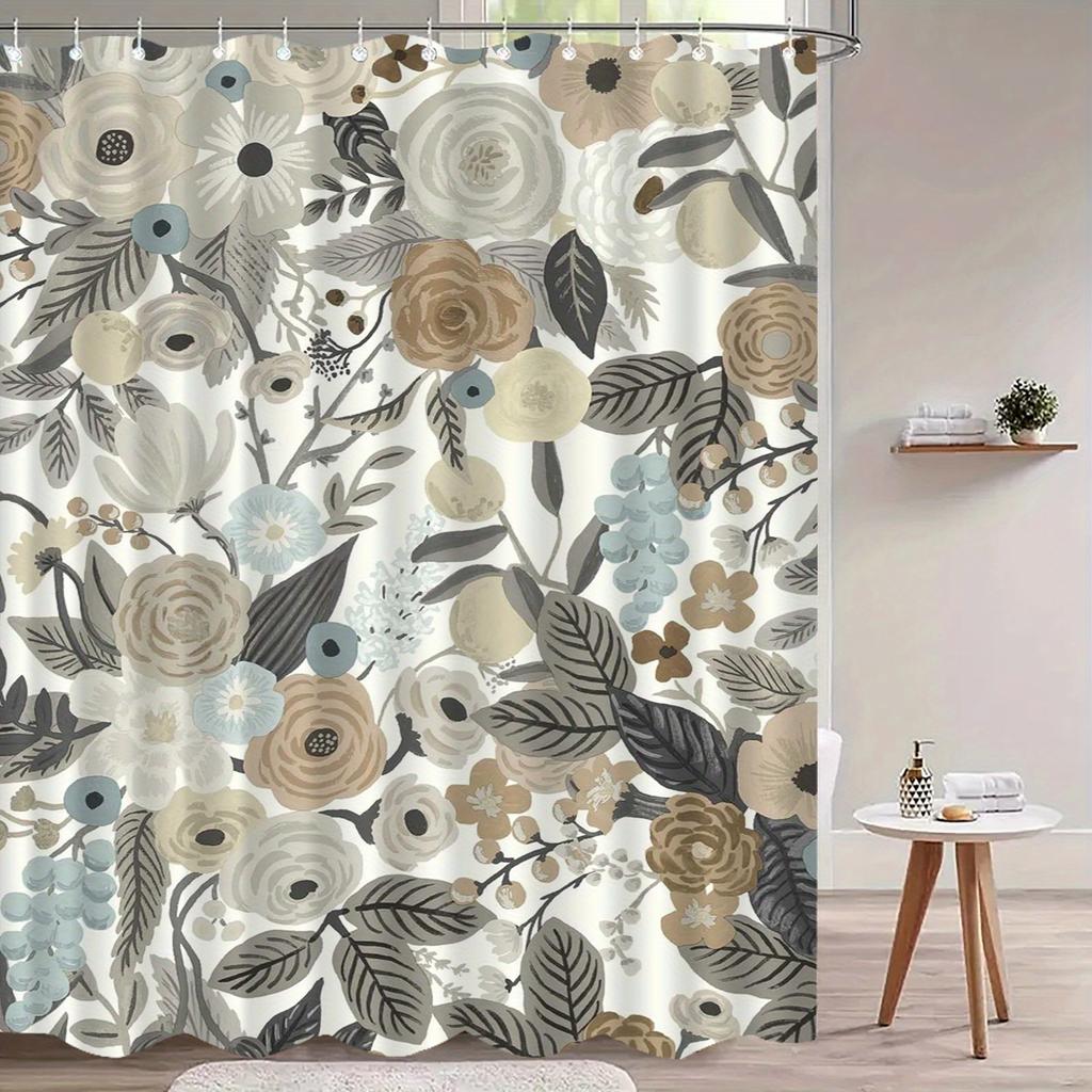 1pc Floral leaf pattern shower curtain, polyester fabric, machine washable, with hooks, suitable for bathroom décor.