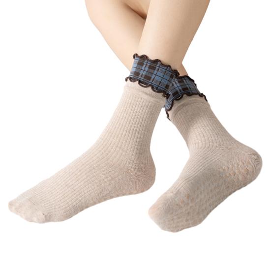 1 Pair Yoga Socks with Non-slip Gripper Double Ruffled Plaid Cuff Mid-calf Socks Women Ballet Dance Pilates Cotton Crew Socks