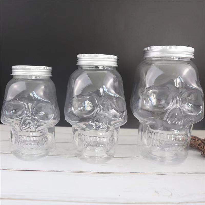 Schädel-förmige Plastikflasche mit Deckel für Saft, Milchtee oder Kaltgetränke – 350 ml, 500 ml und 800 ml