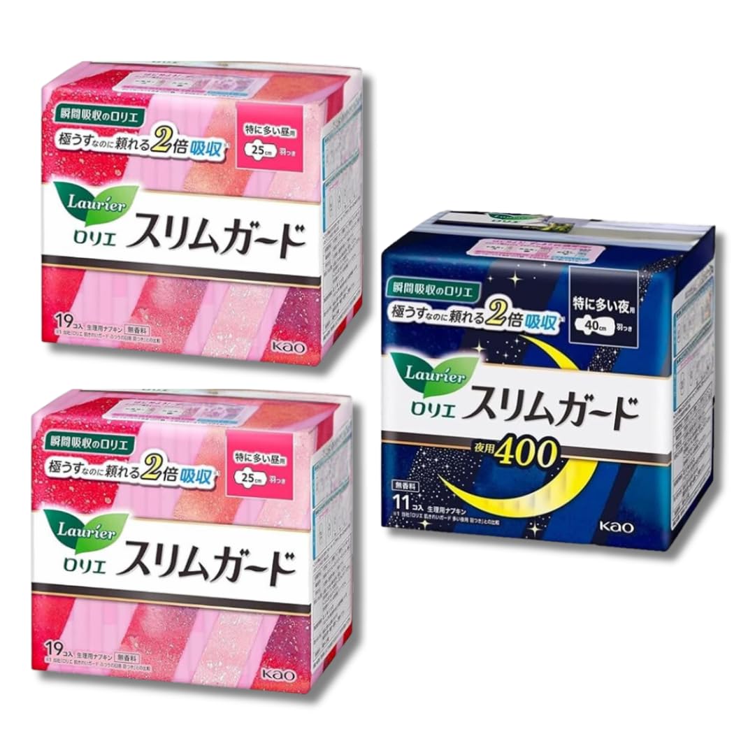 

Laurier Slim Guard for Heavy Daytime with 25cm pieces per 2 Laurier Slim Guard with 400ml pieces per Flow, Use, Wings, (19 pack, bags) + Wings, 40cm,