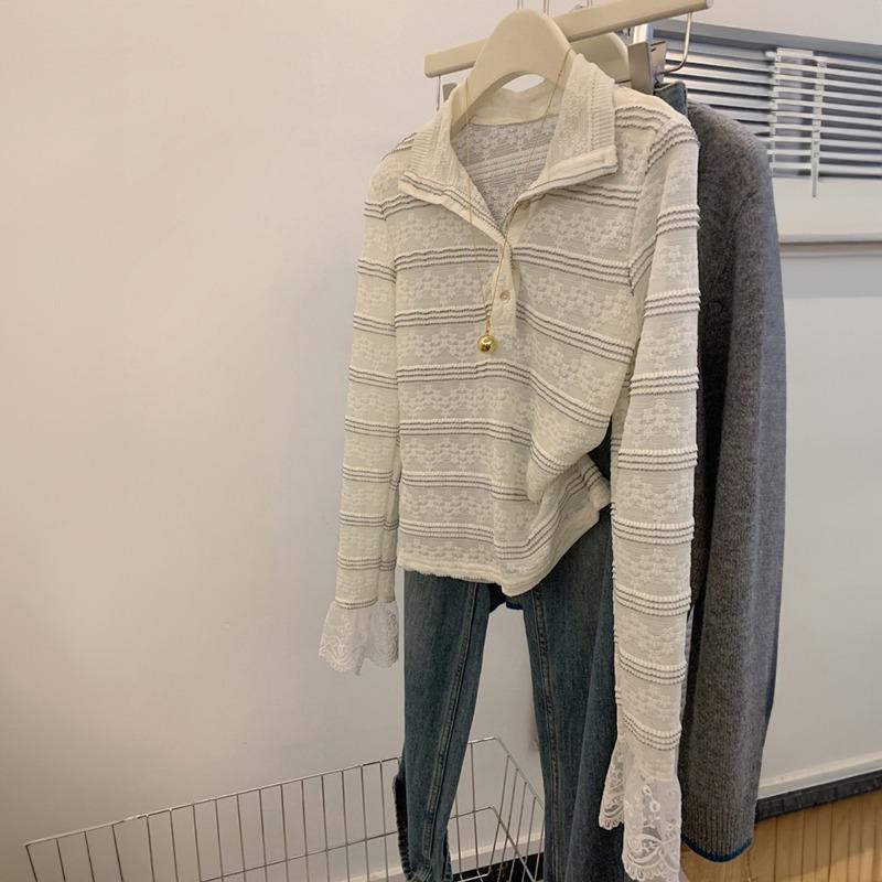 

Women s White Striped Knit Top Polo Neck Lace Cuff Semi Sheer Long Sleeve Blouse S абрикосовый