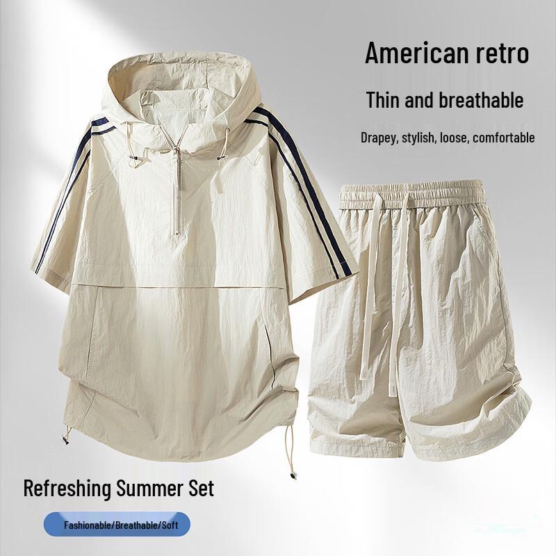 MEDE Men s Retro Side Stripe Hooded Short Set XL