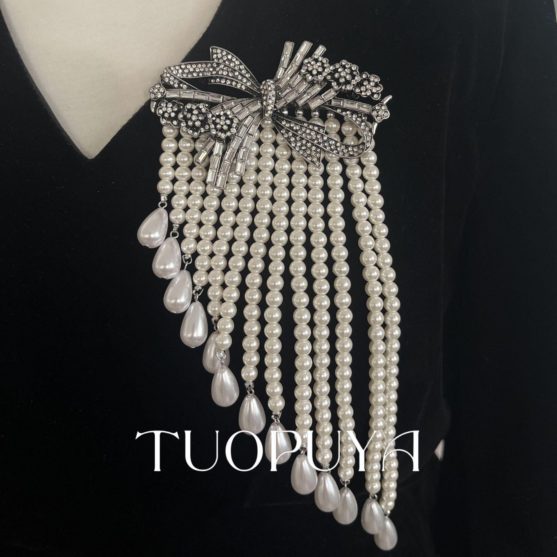 French Handmade Retro Pearl Tassel Bow Brooch
