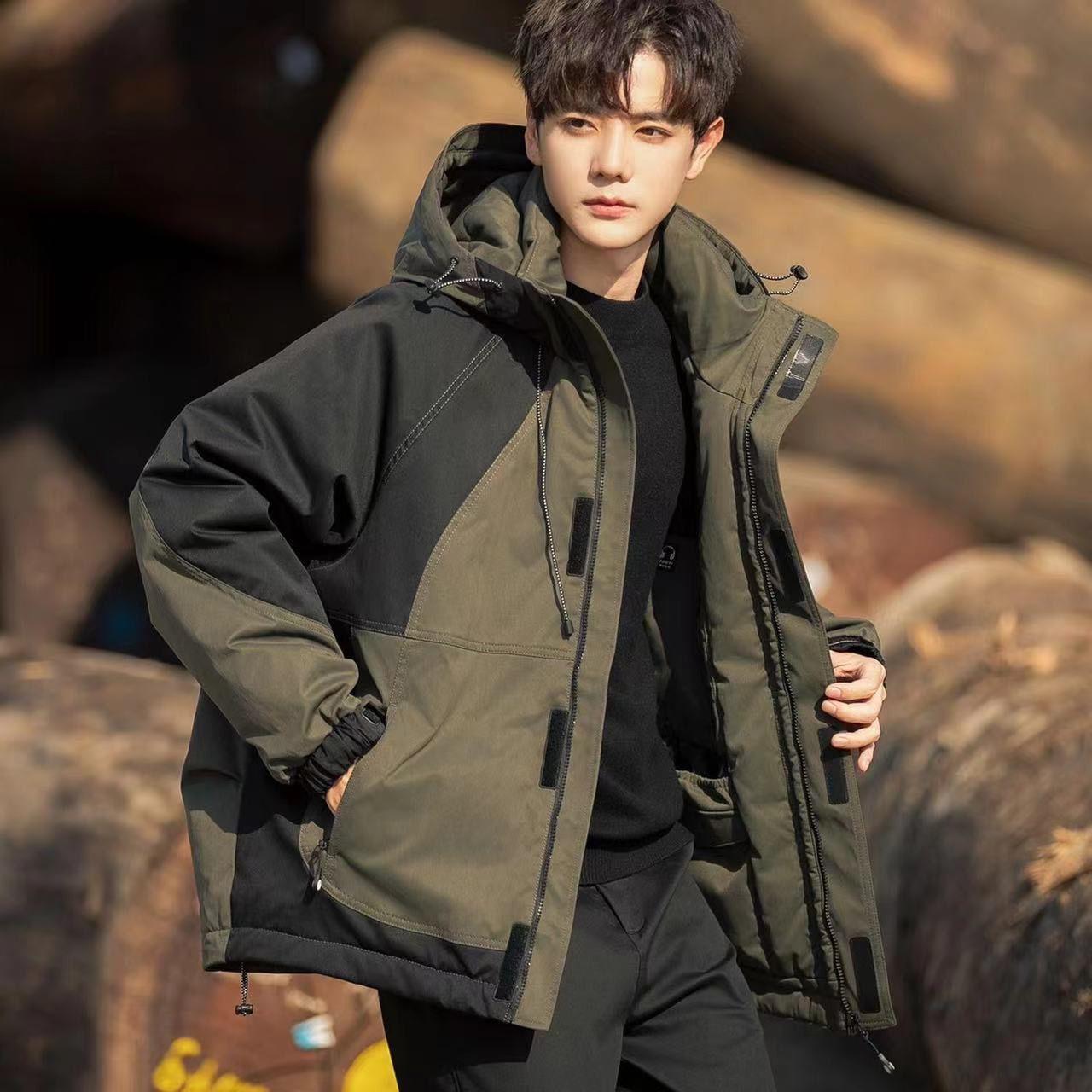 Men s 2024 Color Block Hooded Down Jacket – Warm, Thick, Outdoor Casual Wear 3XL (for 175-195 lbs)