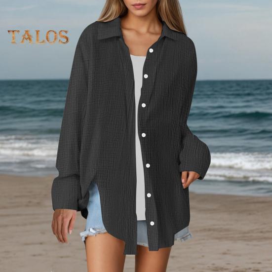 Damskjorta Krage Långärmad Knappar Sprund Skjorttoppar Enfärgad Lös passform Lättskött Skrynklig skjorta