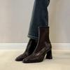 Spot version~ Korean soft leather thick heel square head small short boots retro elastic thin boots women's rear zipper high heel single boots