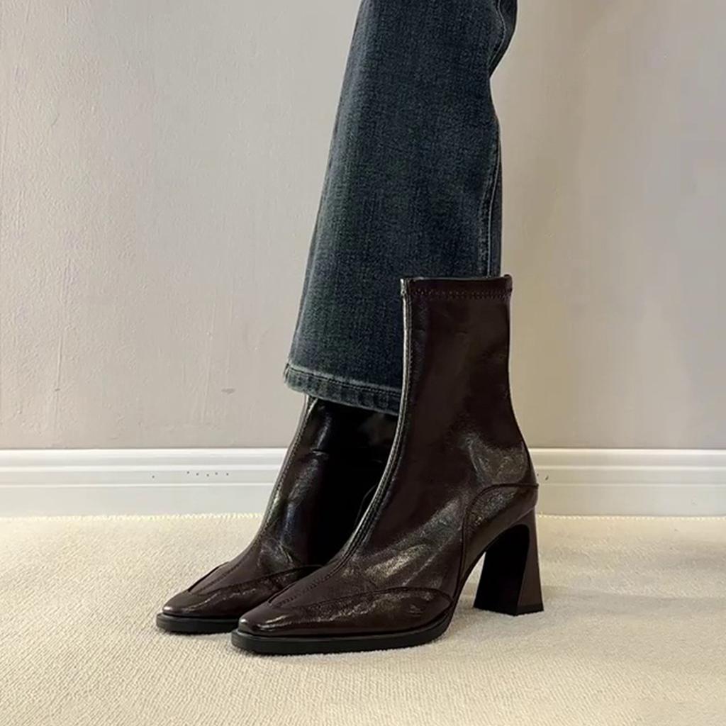 Spot version~ Korean soft leather thick heel square head small short boots retro elastic thin boots women's rear zipper high heel single boots