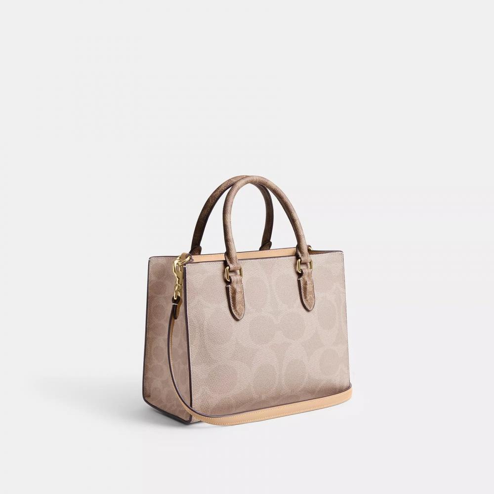 Coach Maggie Small Tote Bag In Blocked Signature Canvas Gold Walnut Tan