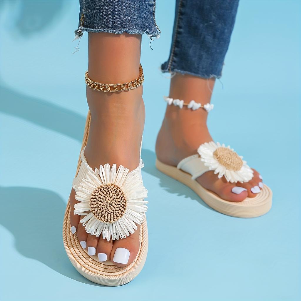 Women's Chrysanthemum Decor Flip Flops, Casual Slip Toe Slide Sandals, Lightweight Beach Shoes