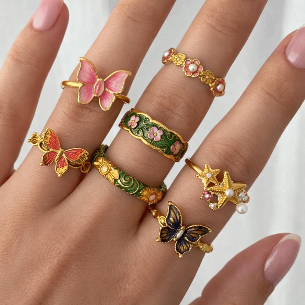 7Pcs/Set Rhinestone Enamel Finger Rings Camellia Flower Irregular Rings Flower Ring Set Wedding