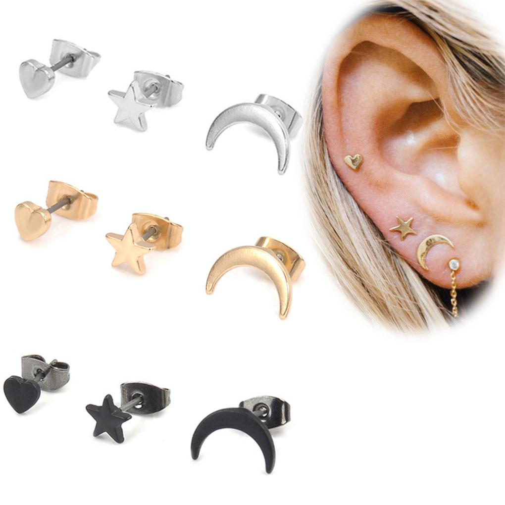 3PCS/Set Damen Stern Mond Herzform Ohrringe Mädchen Abendparty Abschlussball Ohrringe Punk Strass Ohrstecker