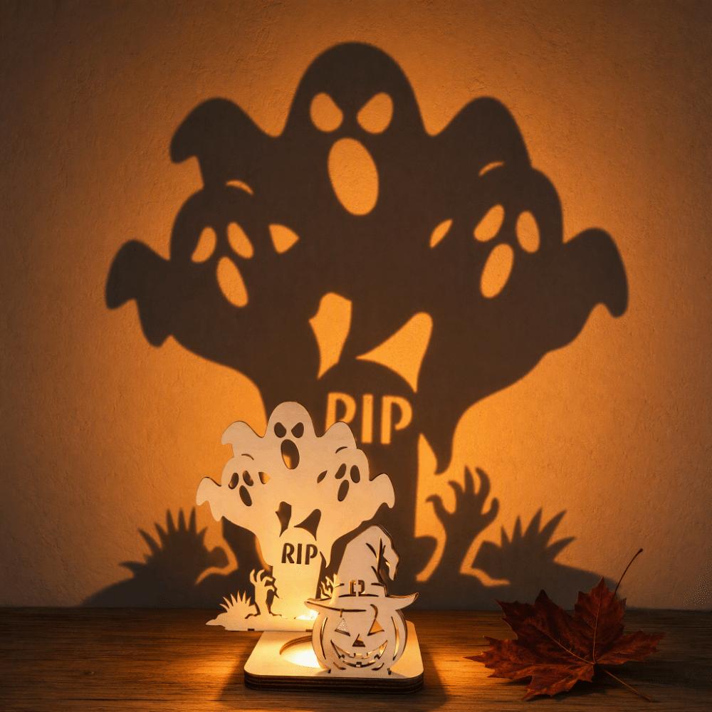 Wooden Material Wooden Candle Holder Shadow Projection Design Halloween Candlestick  Indoor Decor