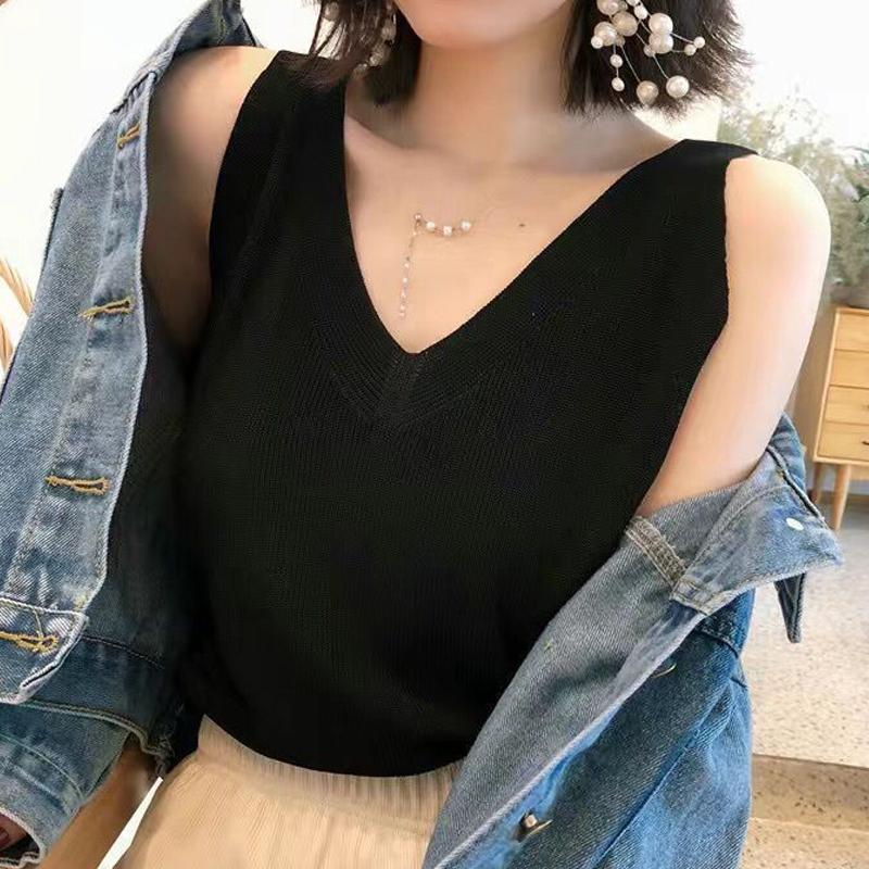 Women'S Fashion V-Neck Knitted Vest Summer Solid Color Sleeveless Casual Tank Top