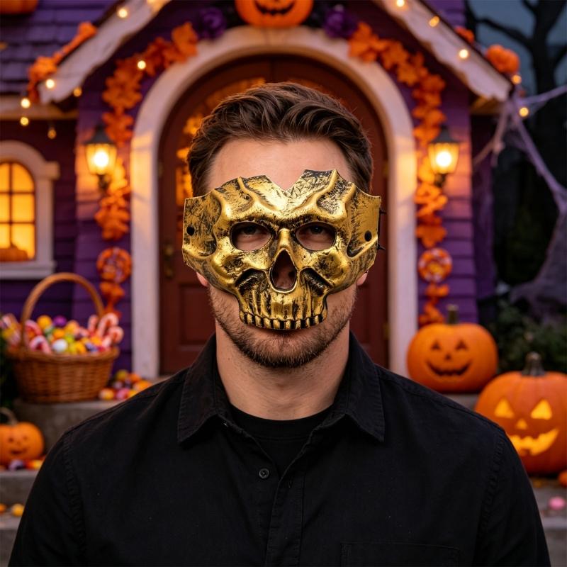 PU Skull Costume Mask with Half-Face Coverage, Gold Finish, Dark Shading, Eye Openings, and Open Nose and Mouth for Costume Party Wear